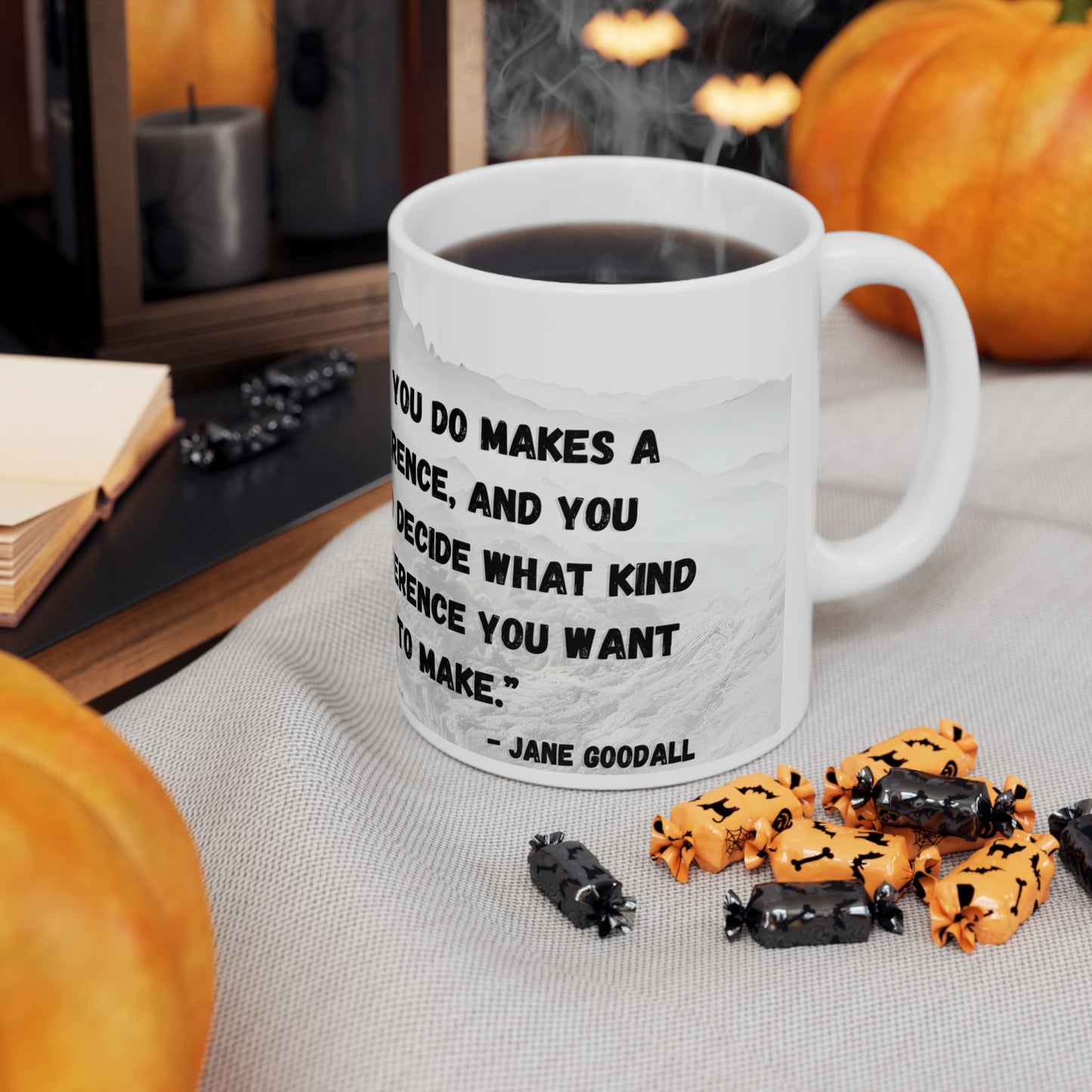 Ceramic Mug, (11oz) Jane Goodall Quote, What You Do Makes a Difference (White)