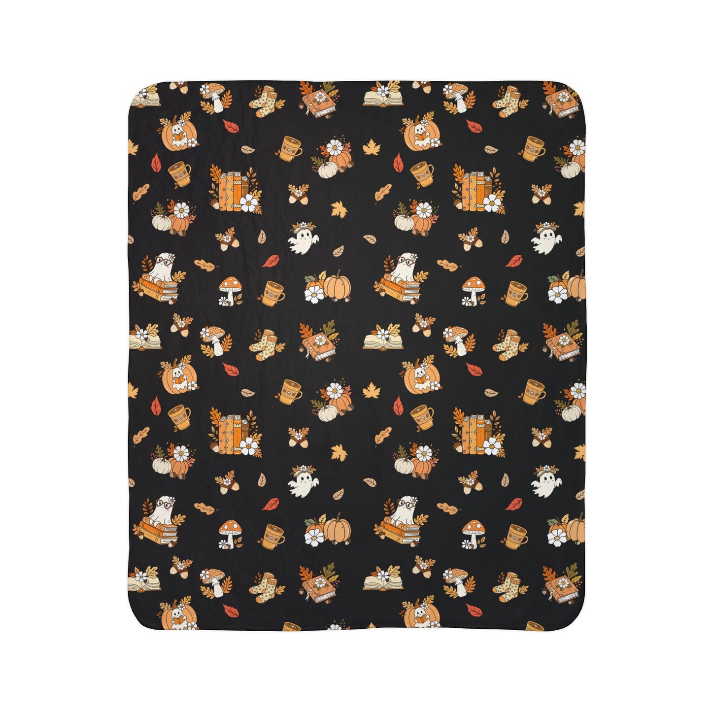 Fall-Themed Fleece Sherpa Blanket, Cozy Throw Blanket, Autumn Decor, Cute Print Blanket, Perfect for Seasonal Snuggles (Black)