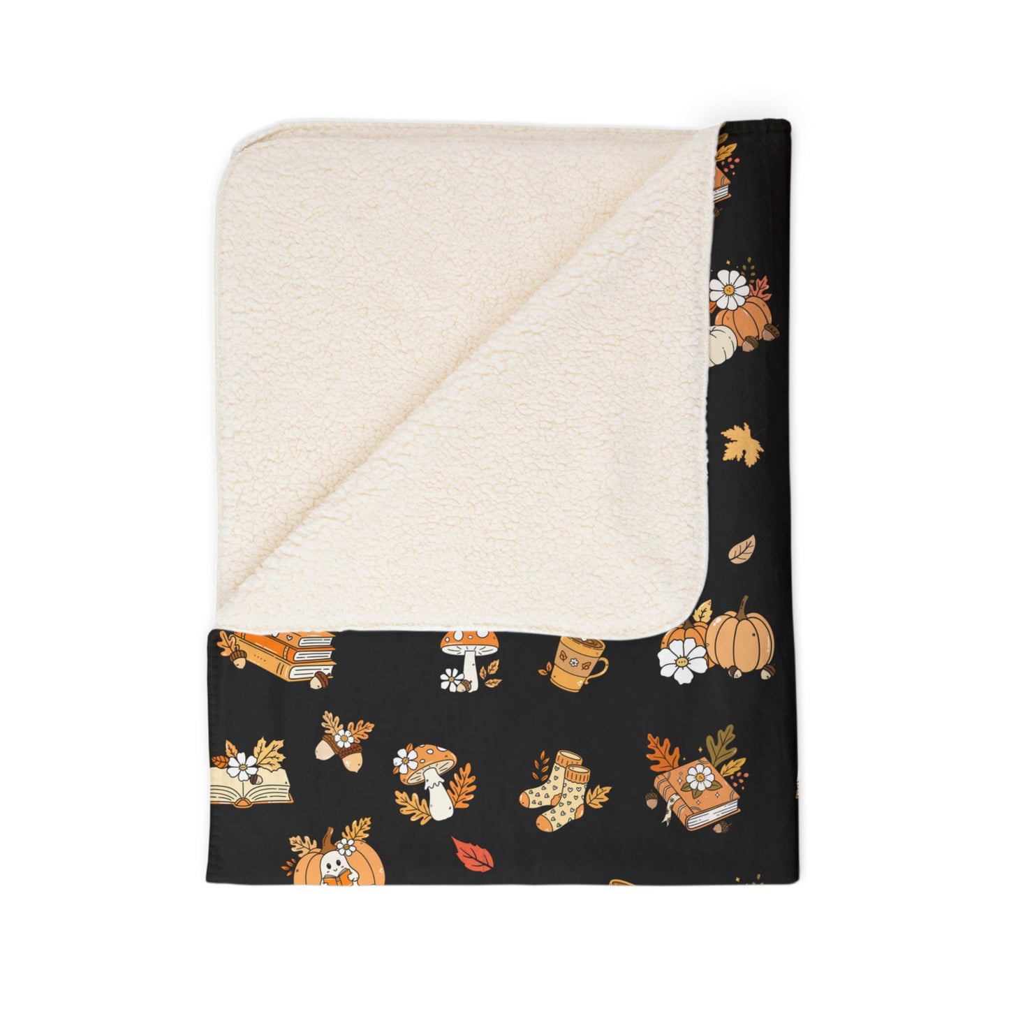 Fall-Themed Fleece Sherpa Blanket, Cozy Throw Blanket, Autumn Decor, Cute Print Blanket, Perfect for Seasonal Snuggles (Black)
