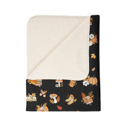 Fall-Themed Fleece Sherpa Blanket, Cozy Throw Blanket, Autumn Decor, Cute Print Blanket, Perfect for Seasonal Snuggles (Black)