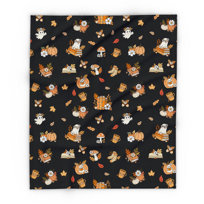 Cozy Fall Fleece Blanket, Autumn Decor Throw, Seasonal Charm for Home, Perfect for Snuggling or Gift Ideas, Halloween & Thanksgiving (Black)