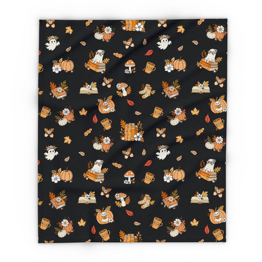 Cozy Fall Fleece Blanket, Autumn Decor Throw, Seasonal Charm for Home, Perfect for Snuggling or Gift Ideas, Halloween & Thanksgiving (Black)