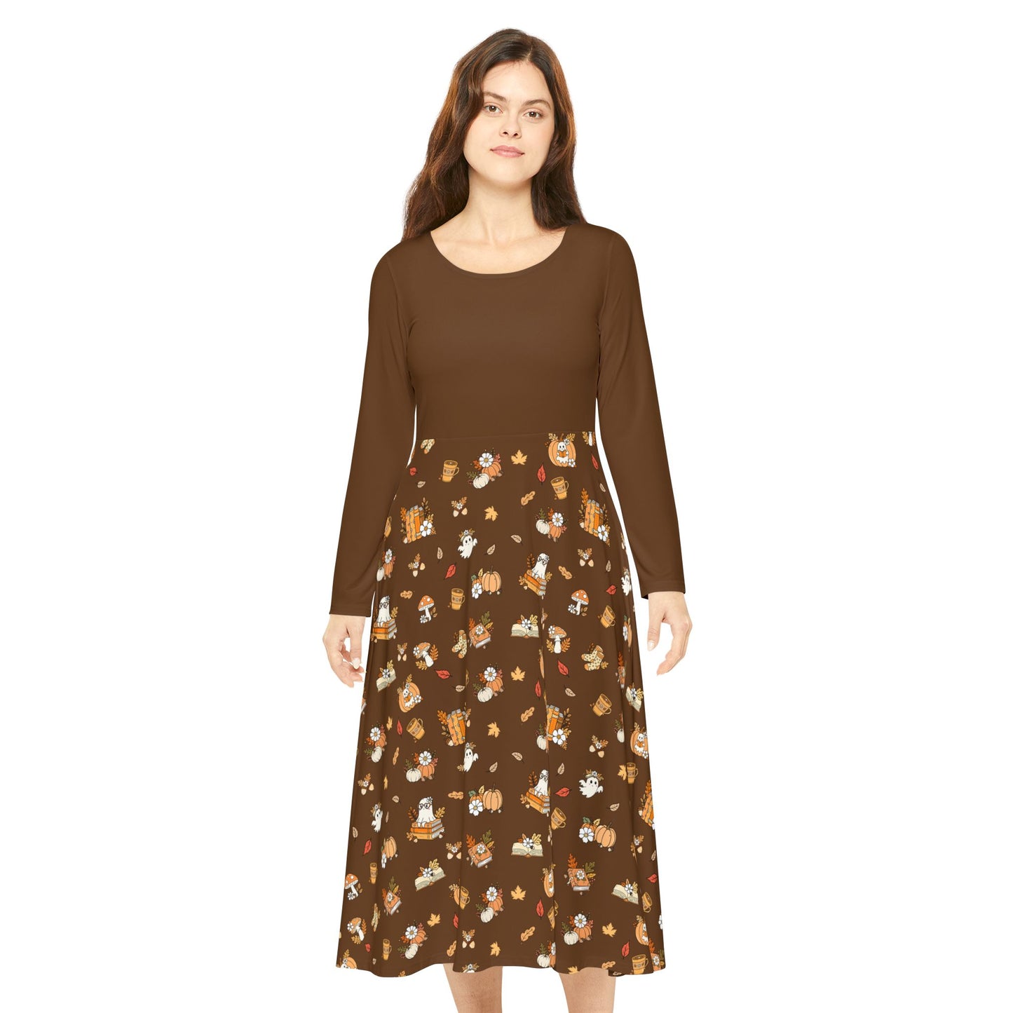 Whimsical Print Long Sleeve Dress, Perfect for Parties, Fall Gatherings, Costume Events, and Everyday Wear (Brown)
