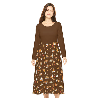 Whimsical Print Long Sleeve Dress, Perfect for Parties, Fall Gatherings, Costume Events, and Everyday Wear (Brown)