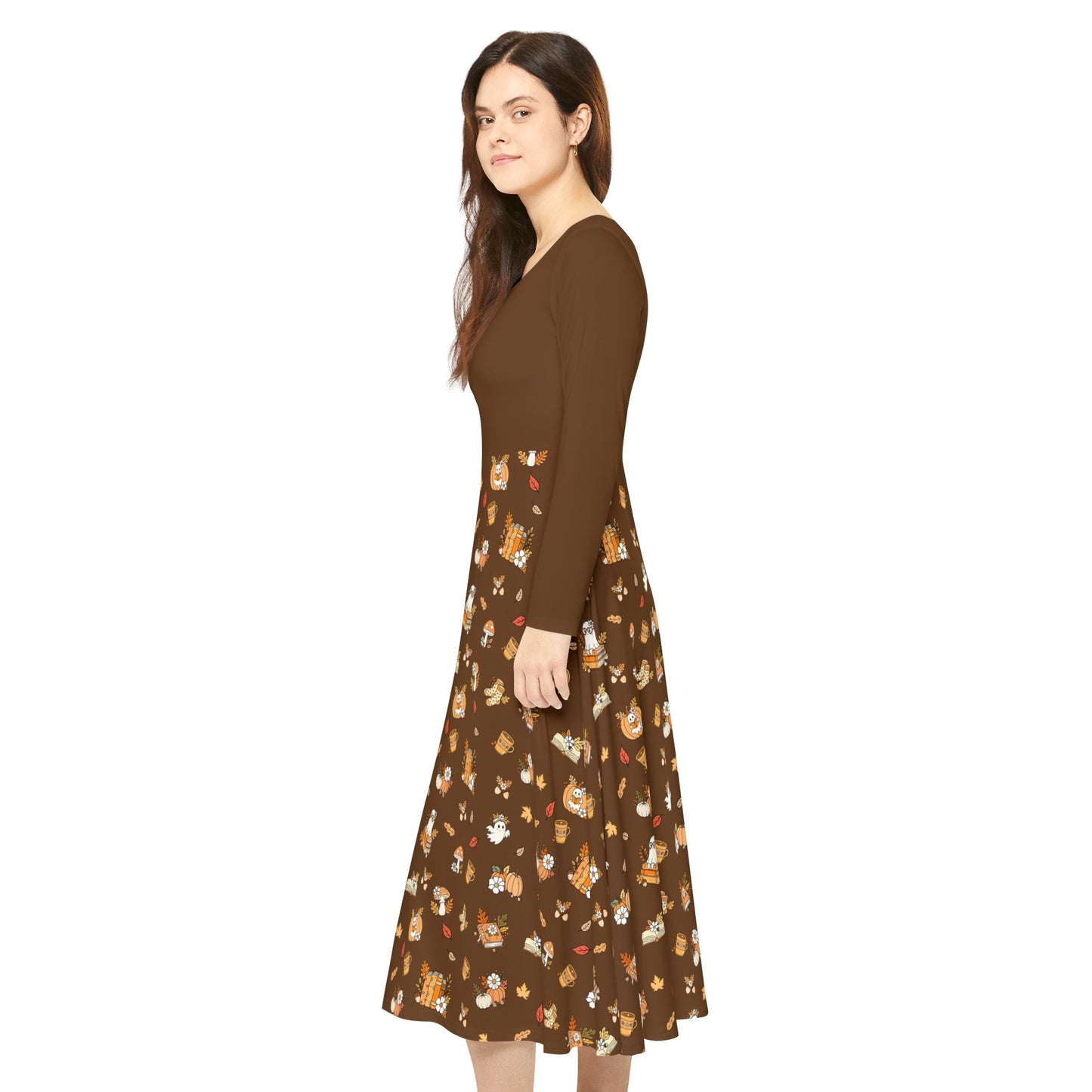 Whimsical Print Long Sleeve Dress, Perfect for Parties, Fall Gatherings, Costume Events, and Everyday Wear (Brown)