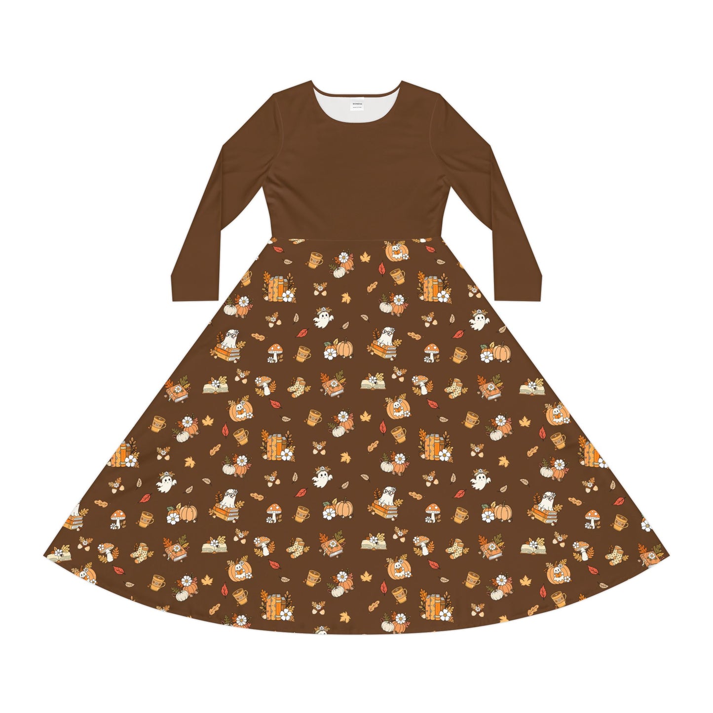 Whimsical Print Long Sleeve Dress, Perfect for Parties, Fall Gatherings, Costume Events, and Everyday Wear (Brown)