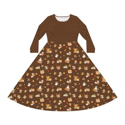Whimsical Print Long Sleeve Dress, Perfect for Parties, Fall Gatherings, Costume Events, and Everyday Wear (Brown)