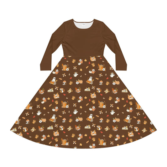 Whimsical Print Long Sleeve Dress, Perfect for Parties, Fall Gatherings, Costume Events, and Everyday Wear (Brown)