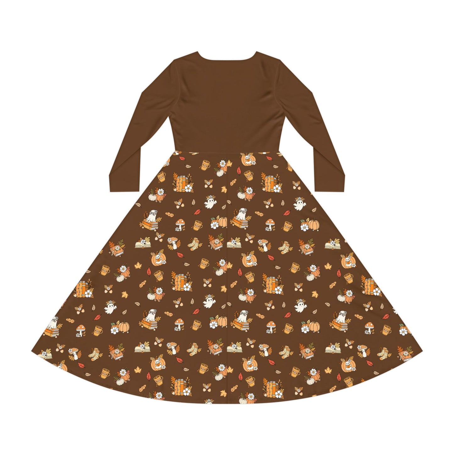 Whimsical Print Long Sleeve Dress, Perfect for Parties, Fall Gatherings, Costume Events, and Everyday Wear (Brown)