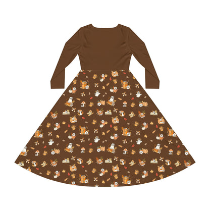 Whimsical Print Long Sleeve Dress, Perfect for Parties, Fall Gatherings, Costume Events, and Everyday Wear (Brown)