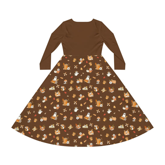 Whimsical Print Long Sleeve Dress, Perfect for Parties, Fall Gatherings, Costume Events, and Everyday Wear (Brown)