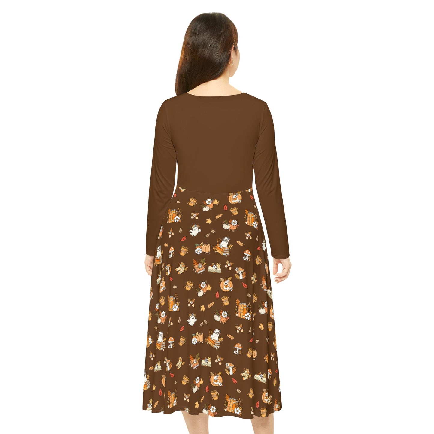 Whimsical Print Long Sleeve Dress, Perfect for Parties, Fall Gatherings, Costume Events, and Everyday Wear (Brown)