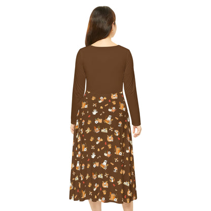 Whimsical Print Long Sleeve Dress, Perfect for Parties, Fall Gatherings, Costume Events, and Everyday Wear (Brown)