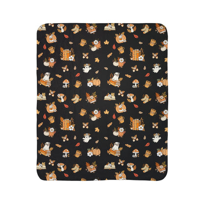 Fall-Themed Fleece Sherpa Blanket, Cozy Throw Blanket, Autumn Decor, Cute Print Blanket, Perfect for Seasonal Snuggles (Black)