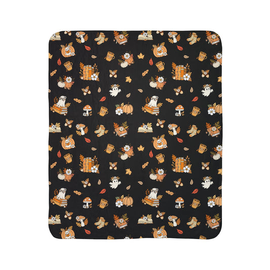 Fall-Themed Fleece Sherpa Blanket, Cozy Throw Blanket, Autumn Decor, Cute Print Blanket, Perfect for Seasonal Snuggles (Black)